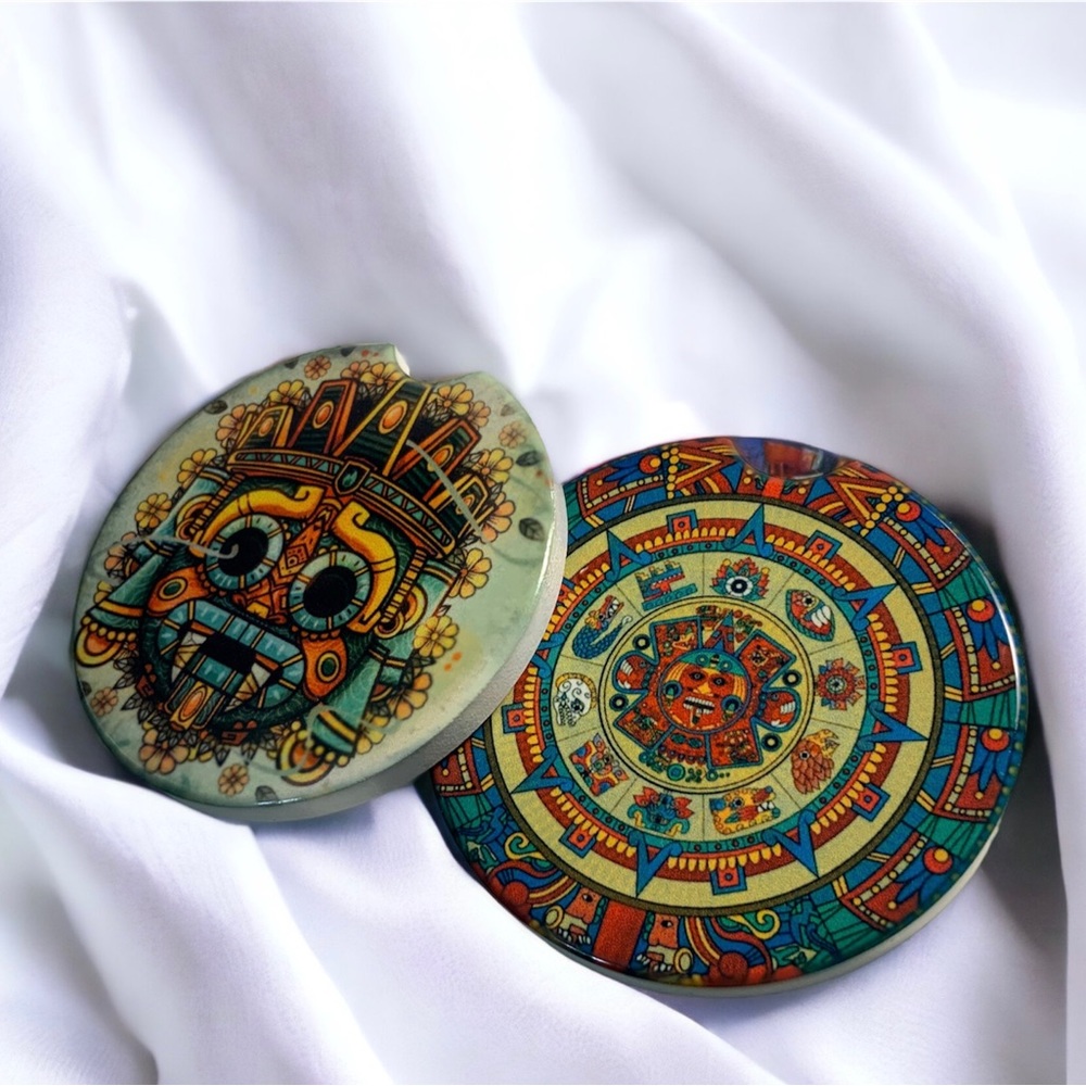 Set of 2 Ceramic car coasters with Aztec design